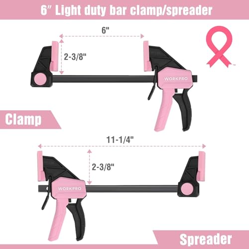 WORKPRO 4-Piece Mini Bar Clamps, 6"(2) & 4-1/2"(2) Wood Clamps, Pink Ribbon - color: Pink, size: 2PC 6" and 2PC 4-1/2" Bar Clamps