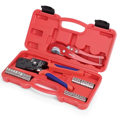 iCrimp KIT-BJ02 PEX Crimping Tool Kit with PEX Clamps, PEX Pipe Cutter, One-Handed PEX Clamp Tool for Cinching 3/8-in, 1/2-in, 3/4-in, 1-in PEX Clamps, Cinch Only