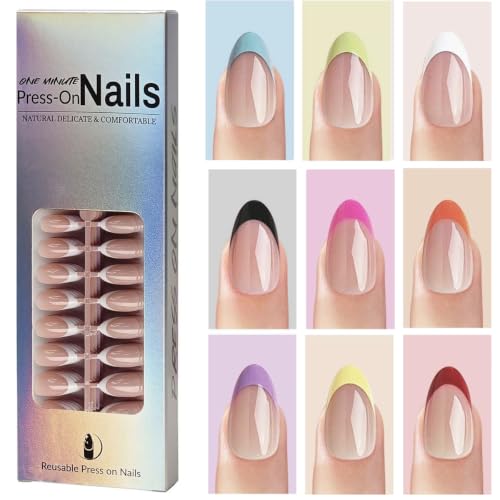 240Pcs French Tips Press on Nails Short Almond Fake Nails 9 Color Full Cover Acrylic False Nails with Designs Colorful Glue on Nail Glossy Reusable Artificial Nail Press ons for Women Manicure Art - color: Style-21