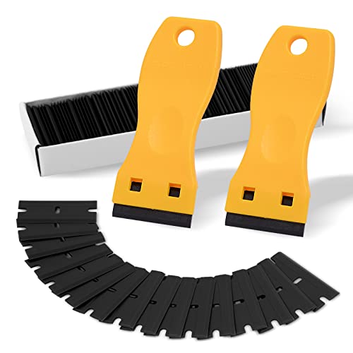 FOSHIO 2PCS Plastic Razor Blade Scraper Tool and 100PCS Plastic Blades for Gasket Remover, Sticker Remover, Labels Decal and Adhesive Remover for Windows and Glass (Yellow) - color: Yellow/Black