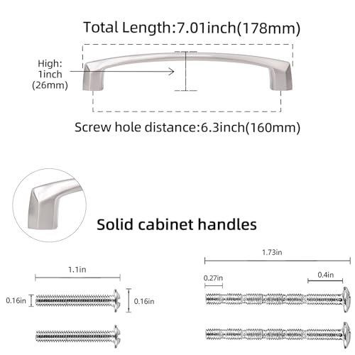 10 Pack 6-1/4 inch Brushed Satin Nickel Kitchen Cabinet Handles Cabinet Pulls Sliver Drawer Pulls Kitchen Cabinet Hardware Handles Dresser Handles 1811 - color: Brushed Satin Nickel, size: 6-1/4" Hole Center（160mm）