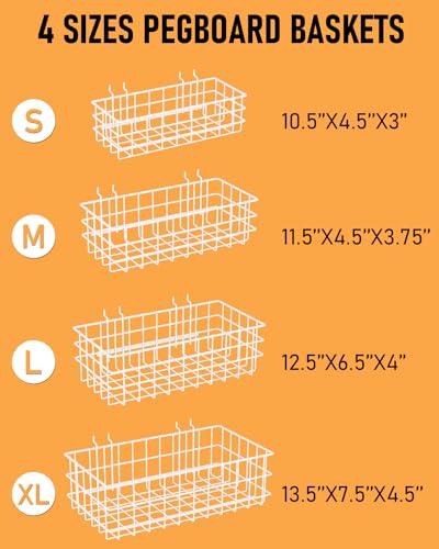 INCLY 4 Pack Pegboard Baskets Bins Set, White Metal Pegboard Accessories - color: White