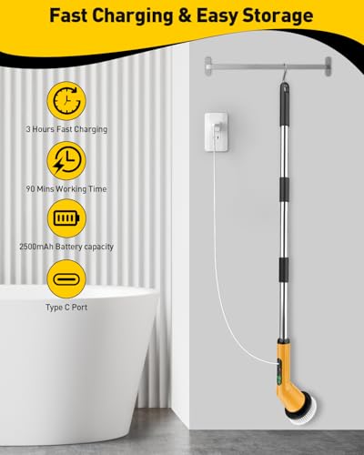 Electric Spin Scrubber for Bathroom, Shower Scrubber with Long Handle - color: Yellow, size: 3 Brush Heads