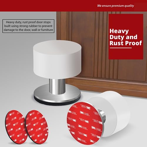 2 Pack Door Stoppers Stop with Extra Stickers, Self-Adhesive Door Stops with Black Rubber Bumper & Stainless Steel Body - Heavy Duty Door Knob Wall Protector Sound Dampening for Home & Office Use - style: 2 Pack White
