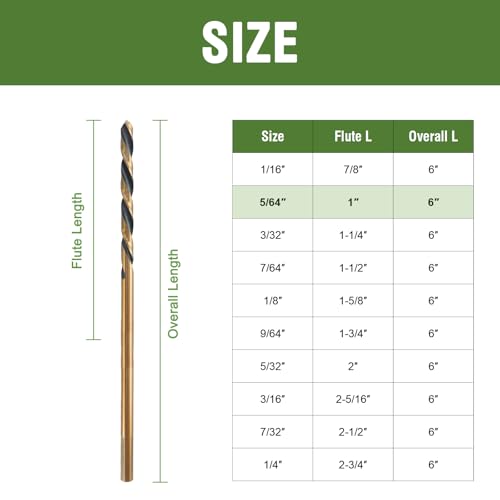 5/64" x 6" Extra Long Drill Bit (6 Pack), Aircraft Extension Drill Bits M2 High Speed Steel for Wood, Soft Metal, Plastic - size: 5/64 in