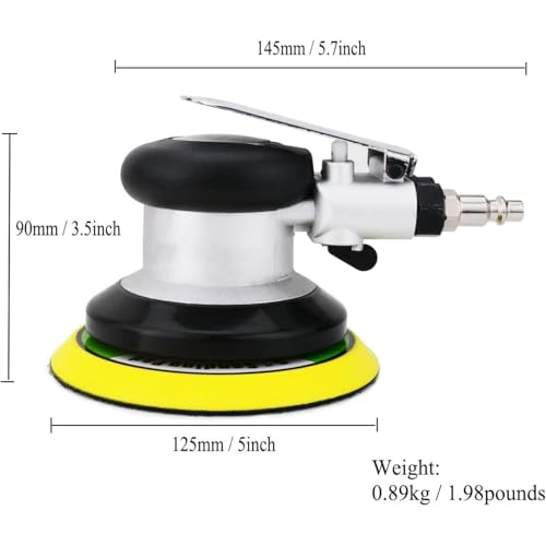 Random Orbital Air Sander 5" Pneumatic Palm Sander DA Sander, Low Vibration Noise Reduction, 12000 RPM, Hook & Loop, for Auto Body, Car Detailing, Wood, Metal Polishing & Buffing - size: 5 inch
