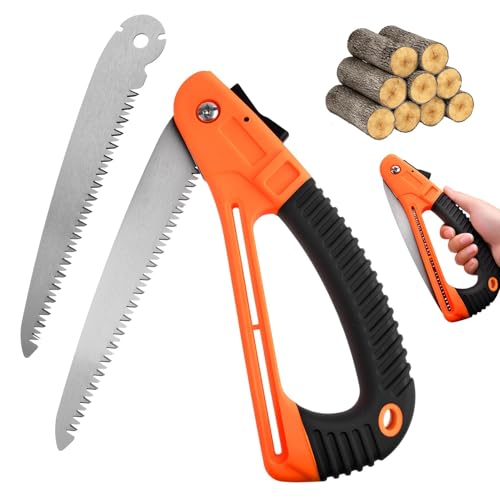 D-Handle Folding Hand Saw with Ergonomic Grip, 7" High Carbon Steel Blade + 1 Extra Replacement Blade for Tree Pruning, Camping, Wood Cutting & Gardening