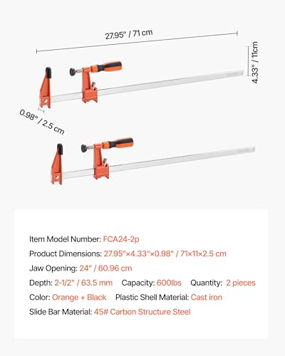 VEVOR Bar Clamps for Woodworking, 2-Pack 24 inch Opening, Lockable F-Clamp with 600 lbs Load Limit, 2-1/2 inch Depth, Cast Iron and Carbon Steel, Easy to Use, Wood Clamps for Woodworking Metal Working - size: 24"(2 Pack), style: Medium-Duty