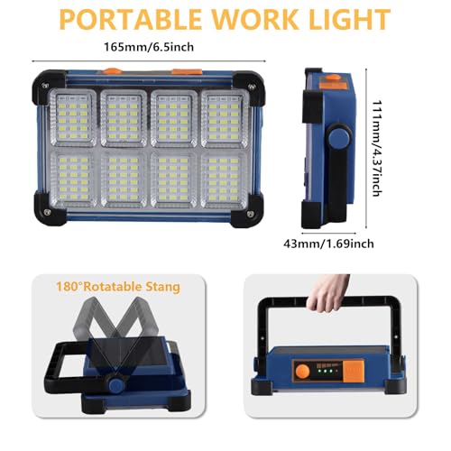 120W Solar Rechargeable Work Light, 144 LED Portable Flood Light with Stand, IP66 Waterproof 4 Modes LED Job Site Lighting Flashlights for Mechanic Camping Fishing Car Repair - color: Blue