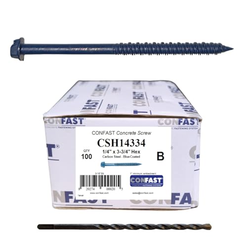 CONFAST 1/4" x 3-3/4" Hex Head Concrete Screw Anchor with Drill Bit for Anchoring to Masonry, Block or Brick (100 per Box) - size: 1/4" x 3-3/4"