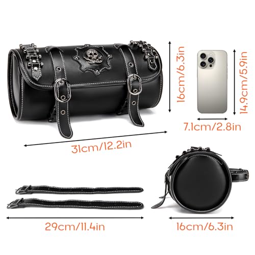Rogierra 7.9L Motorcycle Metal Skull Tool SaddleBags Front Fork Handlebar Bag PU Leather Sissybar Storage Pouch Compatible with Harley Bikes - style: Metal Skull Emblem With Rivet Detail
