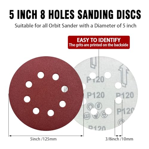 52 Pack 5 Inch 8-Hole Hook and Loop Sanding Discs Sandpaper Red Round 120 Grit Sandpaper for Random Orbital Sander - style: 120 Grit 52-Pack