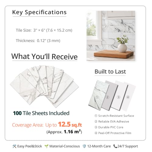 StyloVue 100 Pieces Peel and Stick Backsplash for Kitchen, 3" x 6" PVC Subway Tile, 2026 Upgraded Volakas White Marble, Stick on Wall Tile for Kitchen, Bathroom, Fireplace, RV - color: Volakas White Marble