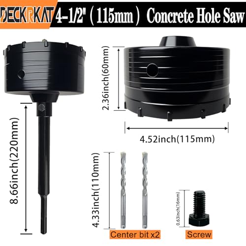 DECKRKAT 4-1/2" Concrete Hole Saw Kit,Electroplated Black Quenching Tech,Heavy-Duty Thickened Alloy Teeth,SDS Plus Shank & 2 Center Bits for Concrete,Brick,Stone. - size: (115mm)4-1/2"