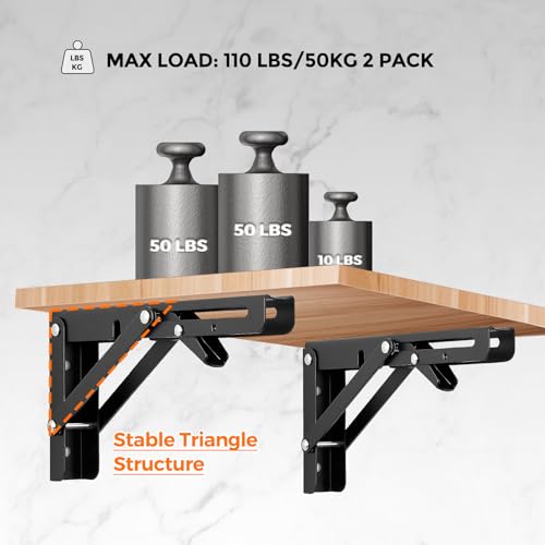 Ravinte Matte Black Folding Shelf Brackets, 6 Inch, 2 Pack - size: 6 Inch