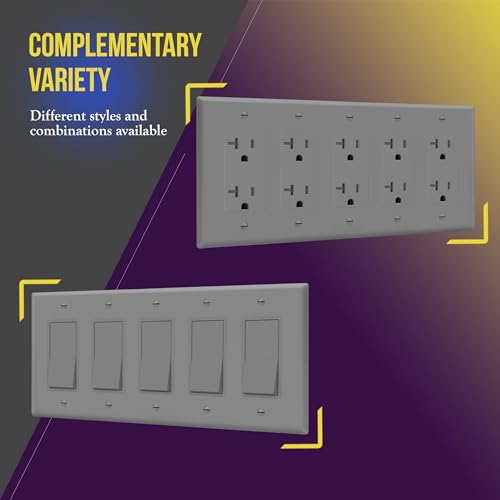 ENERLITES 5-Gang Gray Mid-Size Decorator Switch Outlet Wall Plate Cover - color: Gray, size: Mid-size