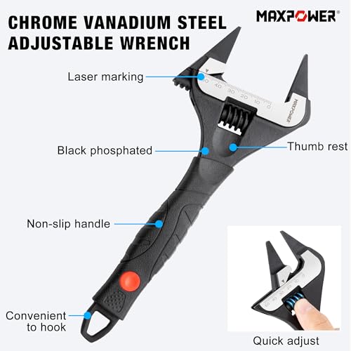 MAXPOWER Slim Adjustable Wrench Set, 6" & 10" Wide Jaw Opening, Dual Scale With Metric and SAE Plumbing Wrenches, Deep Jaw With Soft Grip Handle - size: 6" 10"