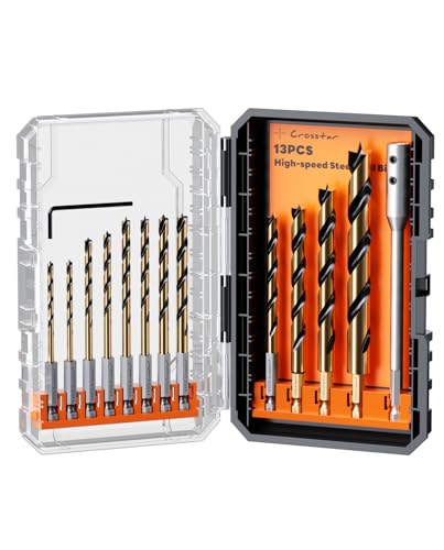 Crosstar 13Pcs Brad Point Drill Bit Set &Extension Bar,1/4" Shank 1/8"-1/2"