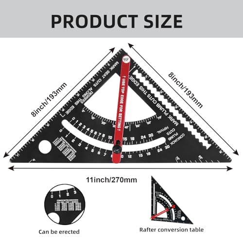 Carpenter Square 7 inch,Adjustable Rafter Framing Square Tools,T Square Multi-Purpose Aluminum Alloy Triangle Carpenter Square for Woodworking and Carpentry | Drill Gauge, Protractor, Ruler ﻿ - color: Black