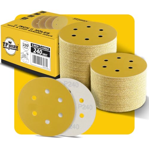 100PCS 6 Inch 240 Grit 150mm 6 Hole Sanding Discs Sandpaper - Premium Gold Round Hook and Loop for Random Orbital Sander - Ideal for Wood, Metal, Automotive - style: 240 Grit - 100 Pack
