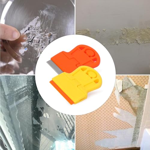 2 Pack Razor Blade Scraper Plastic Razor Blade Scraper Scraper Tool with Extra 10 Plastic Razor Blades and 10 Metal Blades for Adhesive Remover Removing Labels Stickers Taping on Glass Windows