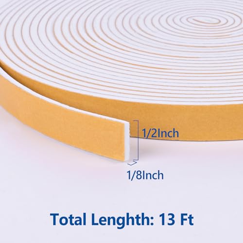 Kikerike Self Adhesive Foam Tape Weatherstrip 1/2in x 1/8in x 13Ft High Density Foam Insulation Strips Seal Weather Stripping with Strong Adhesive for Door and Window Sound Isolation Soundproofing - size: 1/2in x 1/8in x 13Ft