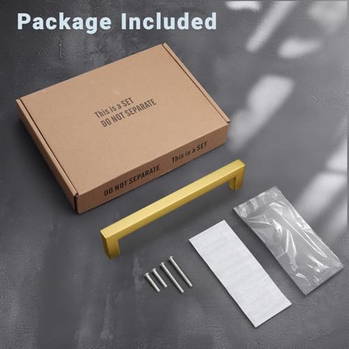 KNOBWELL 6Pack 6-3/10 Inch Brushed Gold Cabinet Pulls Stainless Steel Kitchen Cabinet Handles Square Drawer Pulls Modern Cabinet Hardware Handles，160mm Hole Centers - color: Brushed Gold, size: Hole Center:6-3/10 inch(160mm)