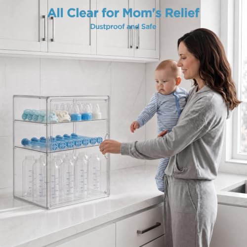 HBlife Baby Bottle Storage Organizer for Countertop Cabinet, 3 Tiers Adjustable Clear Acrylic Bottles Storage Station Case Box Container with 2 Removable Dividers and Magnetic Door, Large - size: Large, style: 3-Tier Single Door