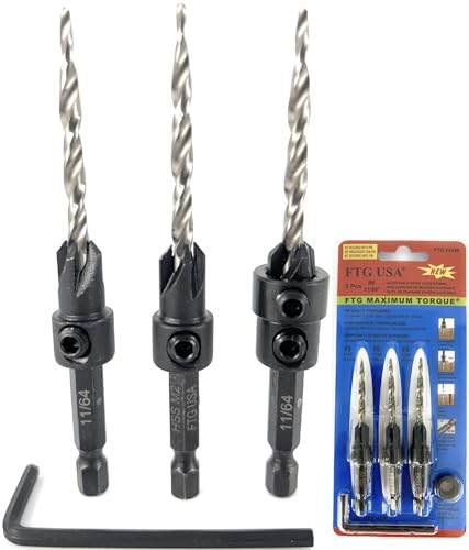 FTG USA #8(11/64") Wood Countersink Drill Bit 3-Pc Set with 3/8" Depth Stop - size: #8, style: 3 Pc with Depth Stop