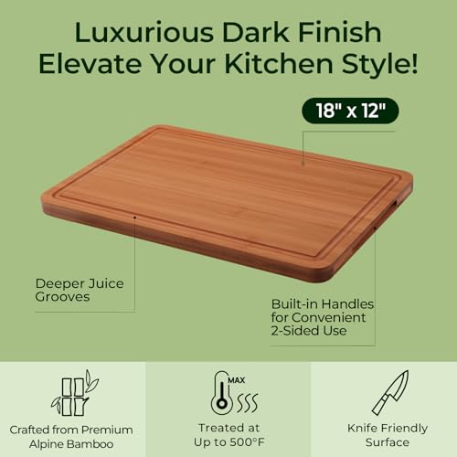 Keechee Charcuterie Board Carbonized Bamboo XL With Built-In Handles & Deep Juice Groove For Gourmet Chefs – XL (18x12) – Ideal For Meat & Cheese - color: Carbonized Bamboo (Brown), size: One Piece 18"