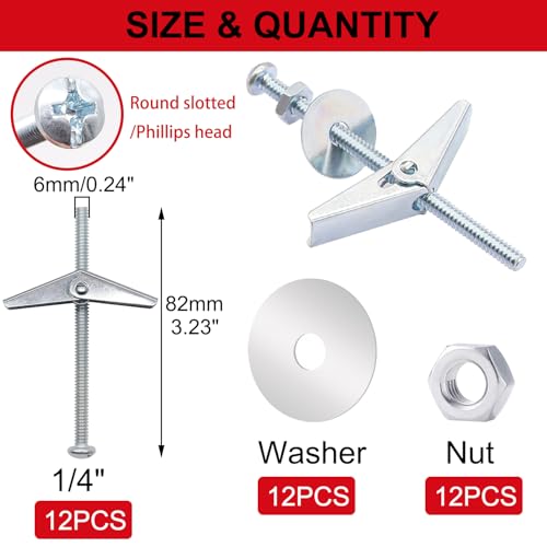 48Pcs 1/4 Inch Toggle Bolts, Butterfly Anchors Heavy Duty Drywall Anchors and Screws Kit, Toggle Bolts and Wing Nut Kit with Nuts Washers for Hollow Wall, Ceiling (12 Sets) - color: Silver - 1/4"
