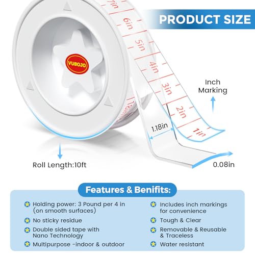 VUBOJO Nano Double Sided Mounting Tape for Walls Art and Daily Home Projects（10Ft）