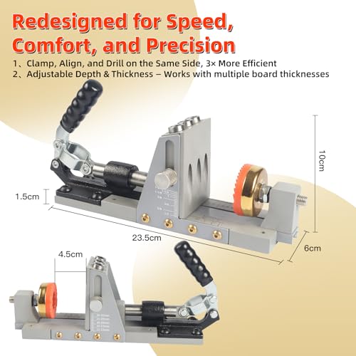 Pocket Hole Jig Kit, New Version One-Side Operation, Precision 15° Drilling, Pocket Screw Jig with 3/8" Step Drill Bit, Depth Stop Collar, Adjustable Thickness, Perfect for Woodworking Joinery