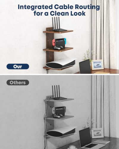 Floating TV Projector Shelf Wall Mount - 3 Tier Wooden Shelf, Walnut Brown - size: 3-Tier Shelf