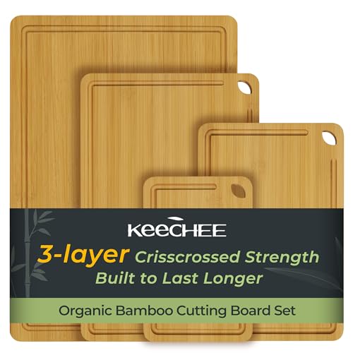 Keechee Kitchen Tools 4-Pcs Natural Bamboo Cutting Board Set With Non-Slip Design For Meat, Veggies & Cheese(4Pcs) - color: Bamboo, size: 4-Piece