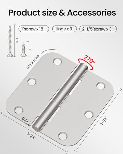 Door Hinges Brushed Nickel 3 Pack 3.5 Inch Rounded 5/8" Radius - color: Brushed Nickel, size: 3 Pack