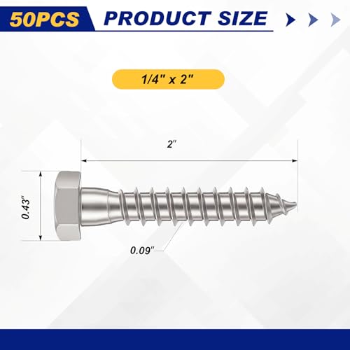 Zonon 50 Pcs 1/4" x 2" Hex Lag Bolts 304 Stainless Steel Silver Lag Screws 50 Screws and 50 Washers Industrial/Commercial Grade - color: Silver, size: 1/4" X 2"