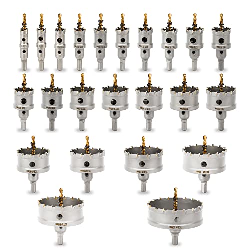 23PCS Carbide Hole Saw Kit,TCT Hole Saw Set for Metal,Tipped Tooth Cutting Hole Saw Within 5/8'' to 3-15/16'' Cutting Diameter - size: (5/8'' to 3-15/16'')-23PC