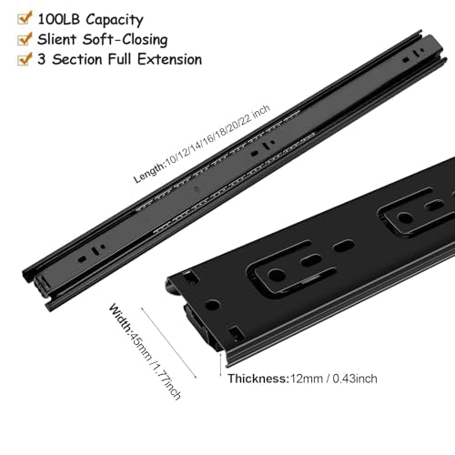 14 inch Drawer Slides 6 Pairs (12pcs) Full Extension Ball Bearing Drawer Slide 3 fold Full Stretch Side Mount Drawer Slides 100 LB Capacity Drawer Slide 14" Black - size: 14inch(350mm)