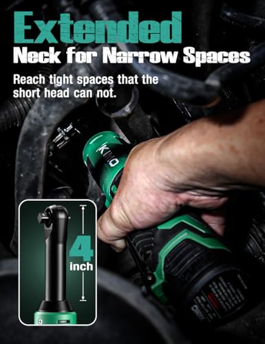 KIMO Extended Cordless Ratchet Wrench 3/8" Set, 400RPM 40Ft-Lbs 4-Inch Long Neck Electric Ratchet Wrench w/Variable Speed, 7 Sockets & 1/4" Adapter, 12V Power Ratchet Wrenches w/ 2x2.0 Ah Batteries - color: Midnight Green