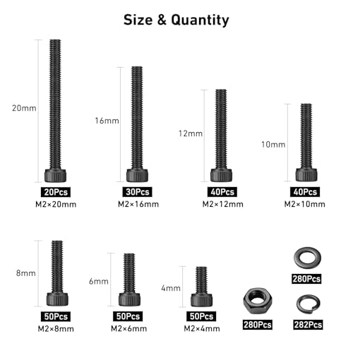 VGBUY 1122Pcs M2 Screws Kit,Black M2 Screws (7 Sizes 4-20mm),Hex Socket Head Cap Small Metric Bolts Nuts Assortment,12.9 Grade Alloy Steel,Black Oxide, 4/6/8/10/12/16/20mm - size: M2x4/6/8/10/12/16/20mm, style: Socket Head