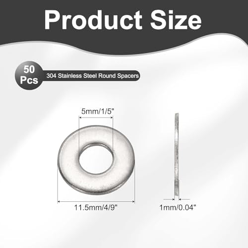 PATIKIL #8 304 Stainless Steel Flat Washers, 50 Pcs Round Metal Washer Small Spacer for Screws Bolts Nuts Assortment (1/5" ID x 4/9" OD) - size: #8 (1/5" ID x 4/9" OD)