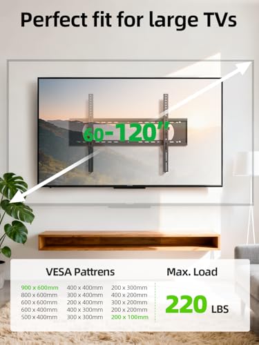 USX MOUNT Heavy Duty Tilting TV Wall Mount for 60-120" up to 220lb, Low Profile TV Mount Ultra Slim Wall Bracket fit 16-32" Studs, Max VESA 900x600 for 65 75 85 86 90 98 100 110inch Large Television - size: 50-120 inch