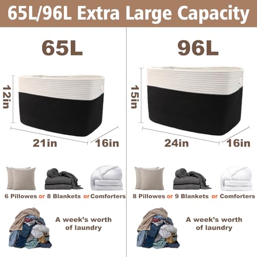 JMvicyroam 96L Large Woven Cotton Rope Blanket Basket, White&Black - color: White&Black, size: 96L