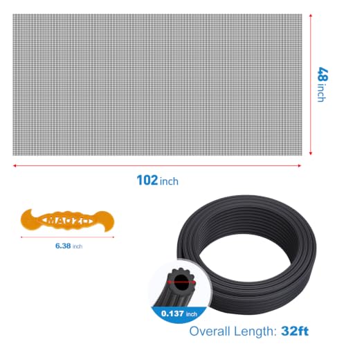 Window Screen Replacement Kit Durable 48" x 102" Polyester Mesh with Tool - color: Black, size: 48" x 102"