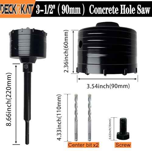DECKRKAT 3-1/2" Concrete Hole Saw Kit,Electroplated Black Quenching Tech,Heavy-Duty Thickened Alloy Teeth,SDS Plus Shank & 2 Center Bits for Concrete,Brick,Stone. - size: (90mm)3-1/2"