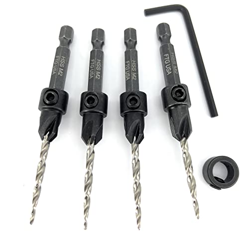 FTG USA #6 (9/64") Wood Countersink Drill Bit 4-Pc Set with 3/8" Depth Stop - size: #6, style: 4 Pc with Depth Stop