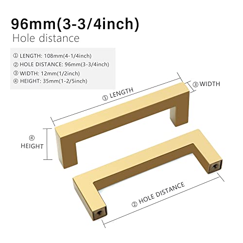 Cabinet Pulls Gold Cabinet Handles Square Drawer Pulls, 10 Pack 3-3/4 Inch Stainless Steel Kitchen Door Cupboard Cabinet Handles, Drawer Hardware Handles, 96mm Hole Centers - color: Gold, size: Two Hole - 3-3/4 inch Hole Centers(96mm)