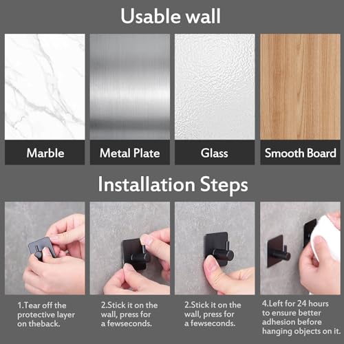 YIGII Adhesive Hooks/Towel Hook - Wall Hooks Stick on Heavy Duty for Hanging Towels/Coat/Hat/Bag in Bathroom, Bedroom, Dorm, SUS-304 Stainless Steel Matte Black 4 Packs - color: Black-A