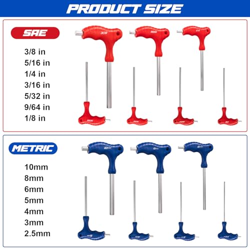 Toolwiz 14pcs T Handle Hex Key Set, SAE 1/8"-3/8" and Metric 2.5mm-10mm